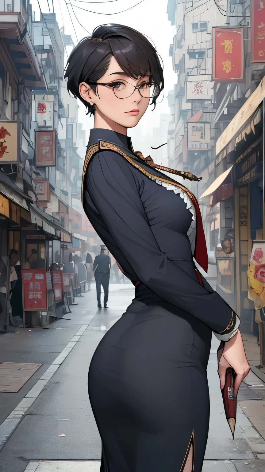 (masterpiece:1.3), (disorganized:1.3), (highest quality:1.3),((perfect anatomy)),detailed face,Steam punk, victorian era,outdoors,Kowloon area,Hong kong,horizontal angle,hands,((looking at viewer:1.5)), (Super detailed:1.3),(best shadow:0.7), solo,1 middle aged woman,saggy small breast,(treated hair), pixie cut,fine eyes, beautiful eyes, 1 middle aged woman, ((saggy small breast)),naval officer,alone, standing, crystal earrings,closed_mouth, arm_behind_return, (naval uniform,pencil skirt,tie), under rim glasses,rest outdoors, intimidating pose,cowboy shot