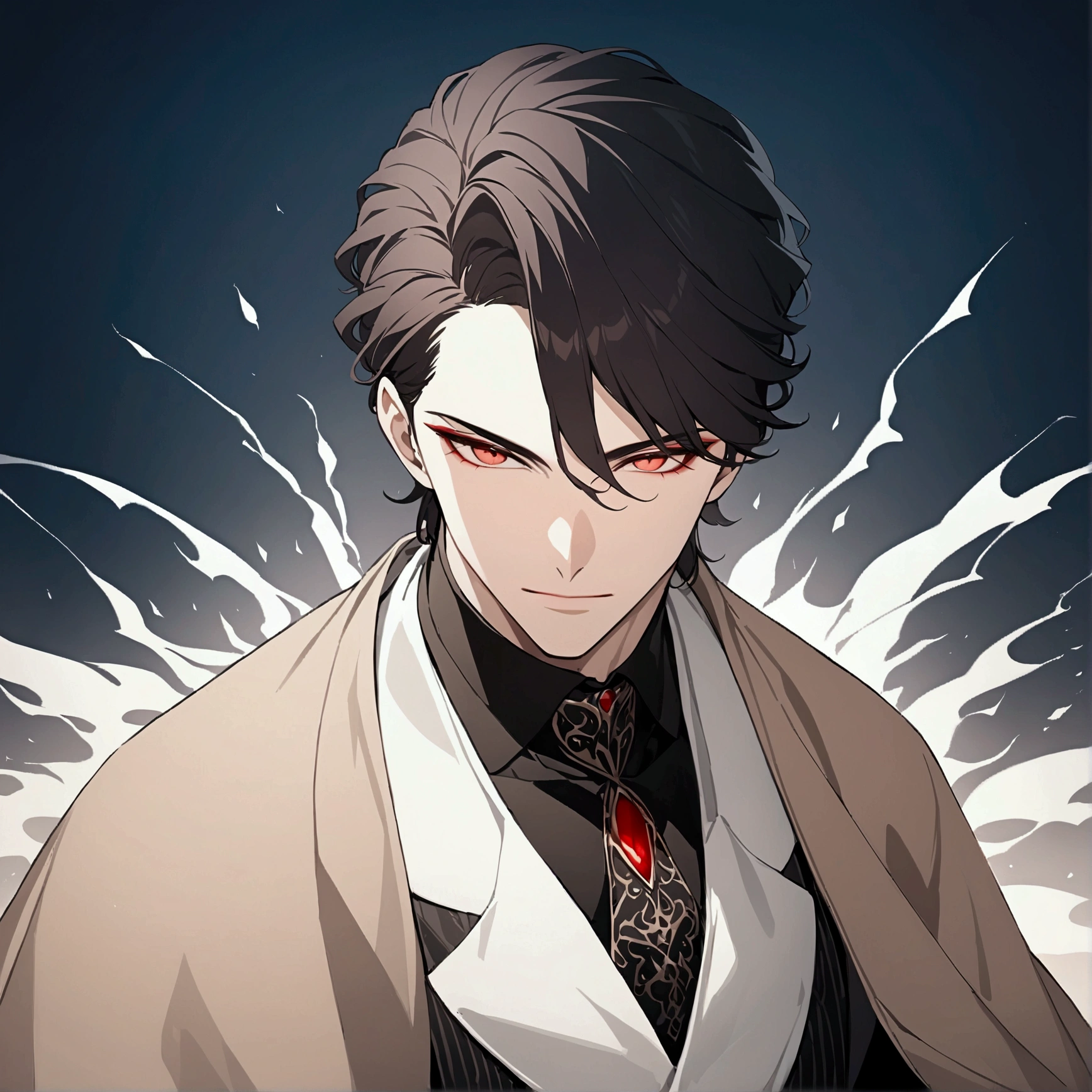 (masterpiece, 32k, 8k, ultra-detailed image) handsome man, 3, confident face, long, shiny black hair, brown cloak with red details