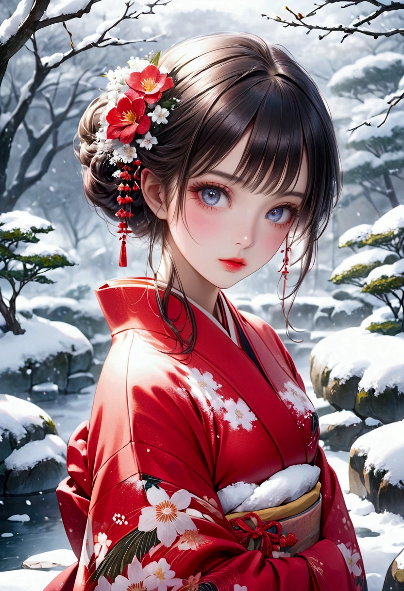 a beautiful cute girl in vibrant red  kimono with flower pattern, surrounded by deep falling snow in a serene snowy Japanese garden, 4k, 8k, highres, masterpiece, ultra-detailed, realistic, photorealistic, vivid colors, fantasy, detailed face, long eyelashes, detailed eyes, detailed lips, elegant, graceful pose