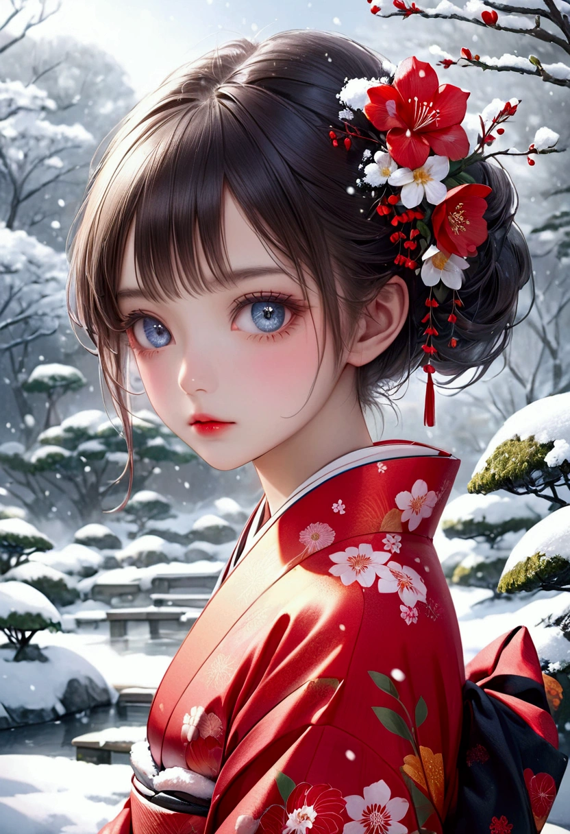 a beautiful cute littlegirl in vibrant red  kimono with flower pattern, surrounded by deep falling snow in a serene snowy Japanese garden, 4k, 8k, highres, masterpiece, ultra-detailed, realistic, photorealistic, vivid colors, fantasy, detailed face, long eyelashes, detailed eyes, detailed lips, elegant, graceful pose