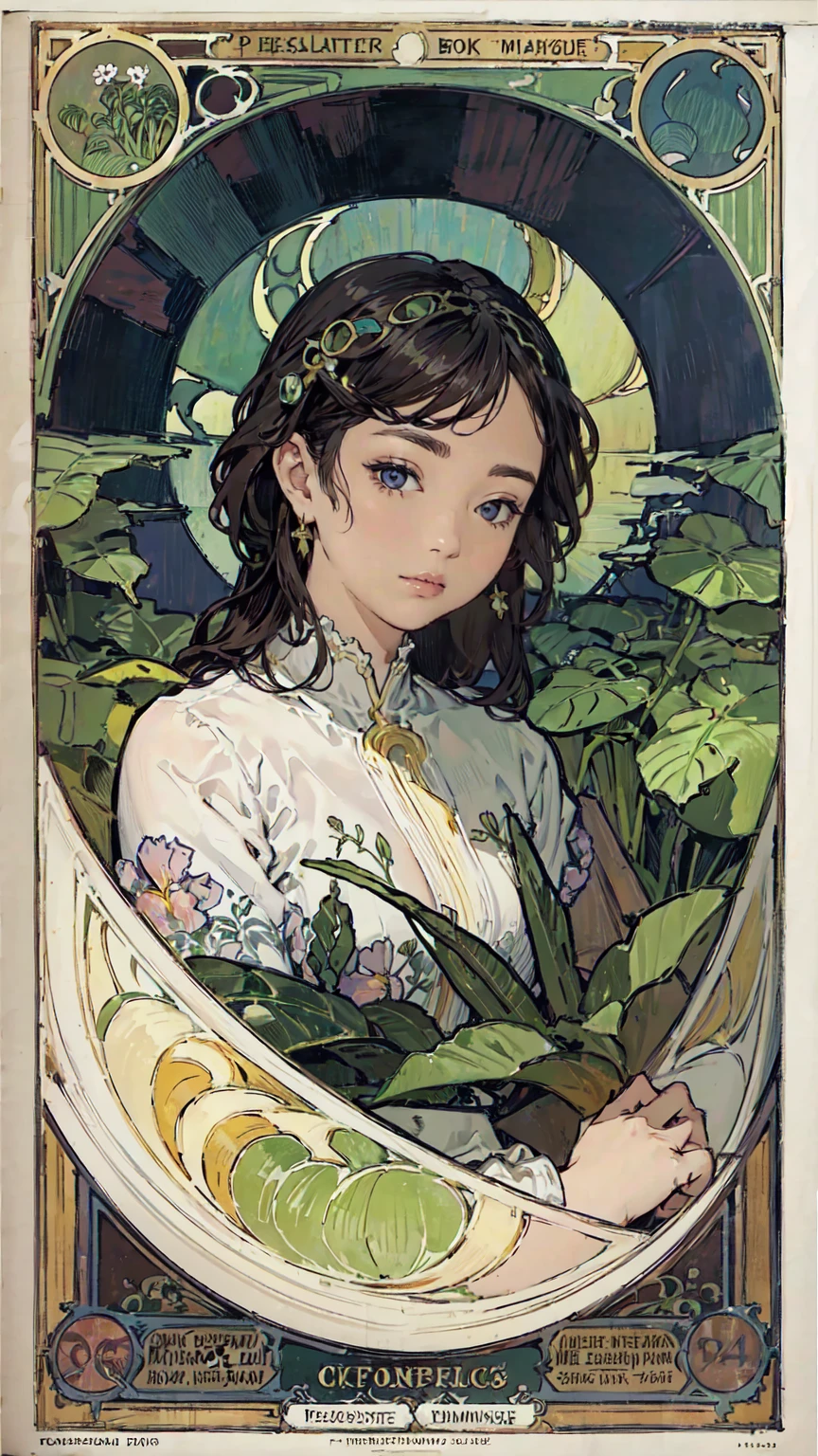 Detailed Background、Mucha style、Art Nouveau、Plants tying up the subject&#39;s arms or legs、(White underwear:1.2)、(masterpiece、Highest quality、Highest quality、Detailed and careful line drawings)、Vintage Color、colorful、Anatomically correct、Written boundary depth、Flat Shading、Bokeh、(Toned body, Thick thighs:1.2))、(Showing off your armpits)、Pussy、Camel Toe、Expressive eyes、Perfect Face、Black Hair、Okabo Hair、Resolute、Bold Pose