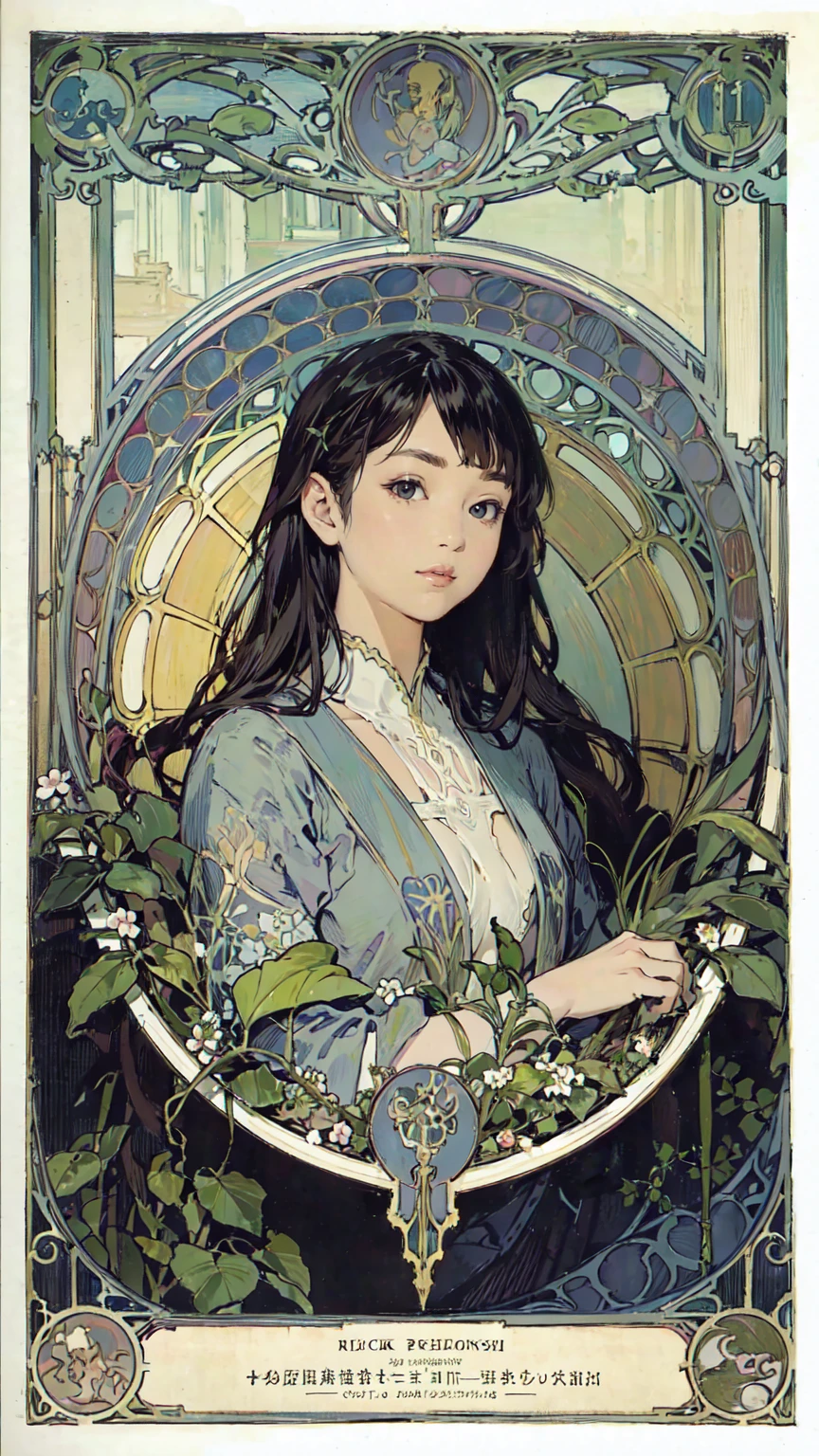 Detailed Background、Mucha style、Art Nouveau、Plants tying up the subject&#39;s arms or legs、(White underwear:1.2)、(masterpiece、Highest quality、Highest quality、Detailed and careful line drawings)、Vintage Color、colorful、Anatomically correct、Written boundary depth、Flat Shading、Bokeh、(Toned body, Thick thighs:1.2))、(Showing off your armpits)、Pussy、Camel Toe、Expressive eyes、Perfect Face、Black Hair、Okabo Hair、Resolute、Bold Pose