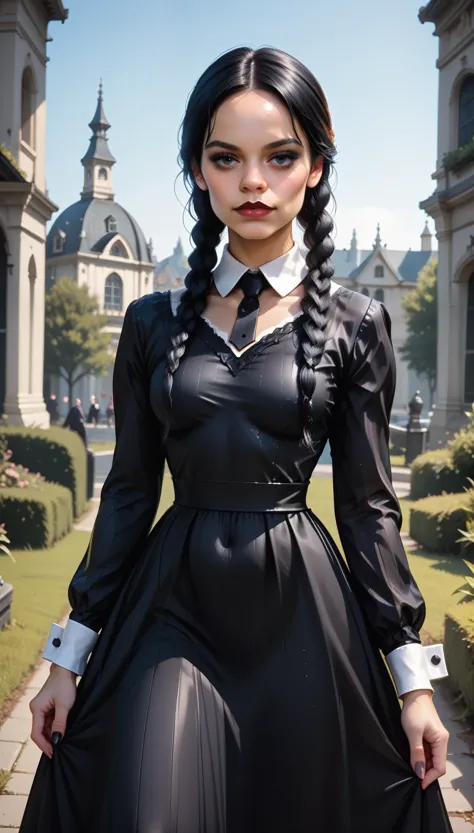 photorrealistic, photo offset from the center, jenna ortega as wednesday addams, standing alone, (1 girl), relaxing posture, the...