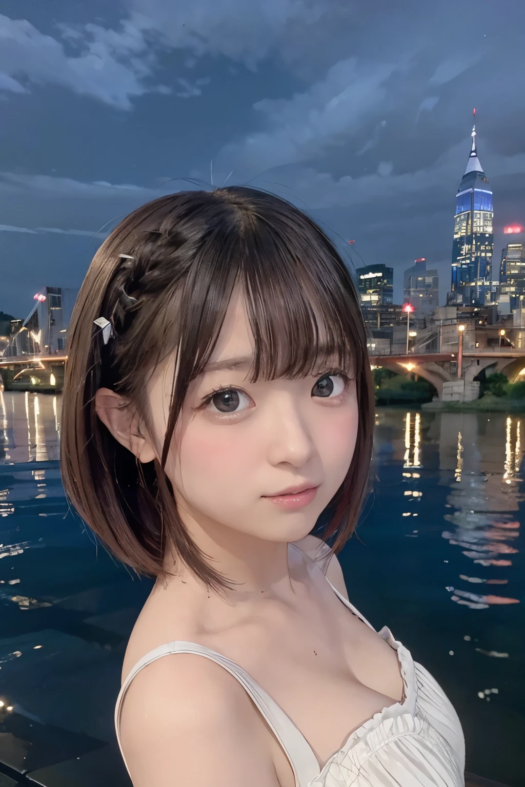 8K, RAW Photo, Best Quality, Masterpiece, Realistic, PhotoRealistic, Extremely Detailed 8k Wallpaper, Beautifully Detailed Eyes, Finely Detailed Face, 
 BREAK 
Professional Lighting, 
 BREAK 
(((s-bridge + cityscape + scenery + twilight + sparkle + building + s-river + reflection + night + city lights + illumination:1.7))), 
 BREAK 
Perfectly Anatomically Correct:1.4, 
 BREAK 
1 Girl, 
[[Very Short Hair Bun:1.2, Symmetrical Clear Eyes:1.1, Captivating Eye Reflections:1.1, 
(Kawaii), [Japanese], Wide-Set Eyes, Big Eyes, Tareme, (White Skinned), Embarrassed, Blush, Very White Skinned, 1, 
(Round Face, Round Chin), Wet Hair, Messy Hair, Open Mouse Slightly, [Pouted Cheek], 
Cheerful, 
Wearing Random SHIMAMURA Summer Clothes, 
Looking Back Viewer]], 
 BREAK 
SFW:1.0, 
 BREAK 
Distant View:1.6, Wide Shot, Bokeh:1.2