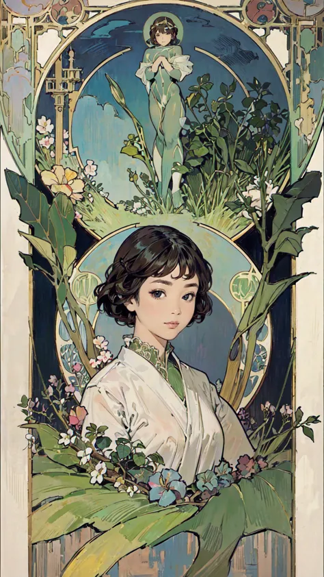 detailed background、mucha style、art nouveau、plants tying up the subject&#39;s arms or legs、(white underwear:1.2)、(masterpiece、hi...