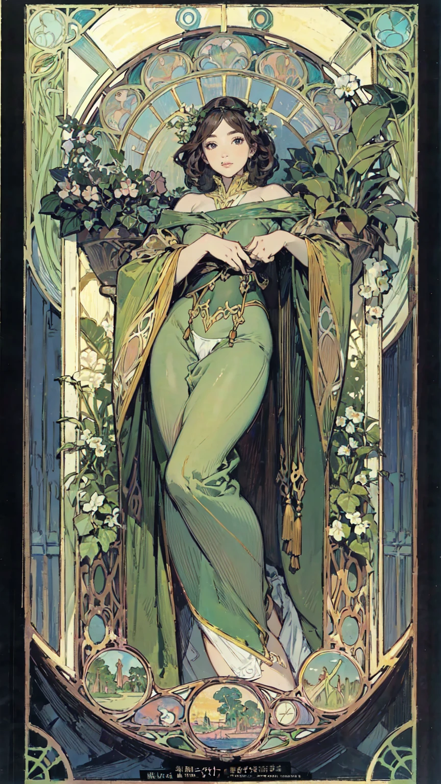 Detailed Background、Mucha style、Art Nouveau、Plants tying up the subject&#39;s arms or legs、(White underwear:1.2)、(masterpiece、Highest quality、Highest quality、Detailed and careful line drawings)、Vintage Color、colorful、Anatomically correct、Written boundary depth、Flat Shading、Bokeh、(Toned body, Thick thighs:1.2)、(Showing off your armpits)、Pussy、Camel Toe、Expressive eyes、Perfect Face、Black Hair、Okabo Hair、Resolute、Bold Pose