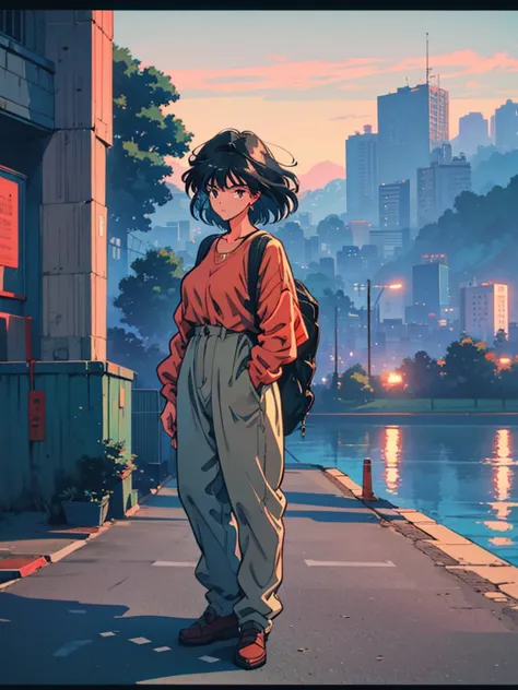 anime girl with backpack looking at city from grassy hill, makoto shinkai cyril rolando, makoto shinkai!, makoto shinkai art sty...