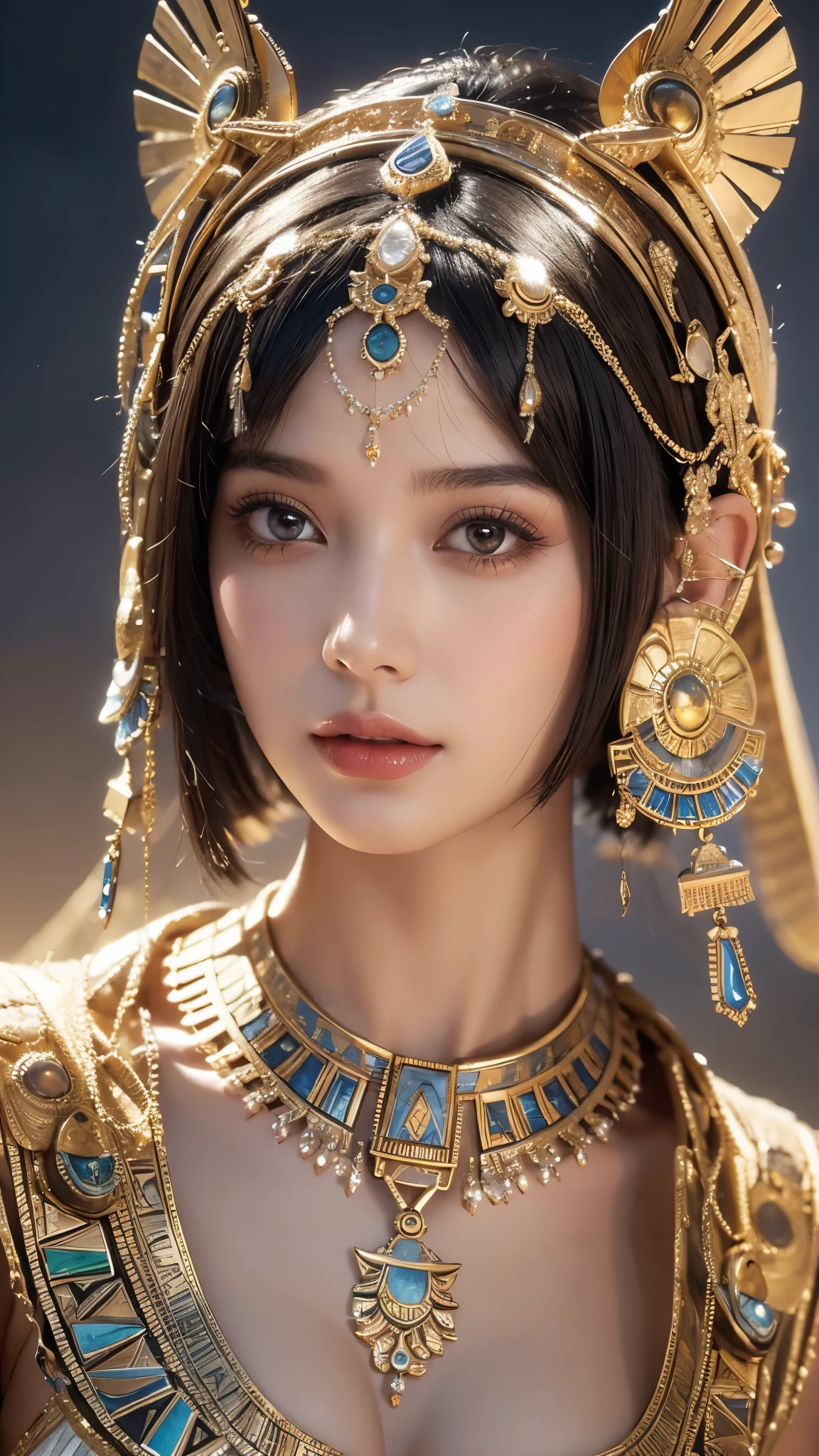 masterpiece, double exposure, silhouette of Cleopatra, straight-cut bob, egyptian jewellery, filled with a pyramid, highest definition, HD32K, wallpaper, crisp lines, double exposure background, hyperdetailed, concept art