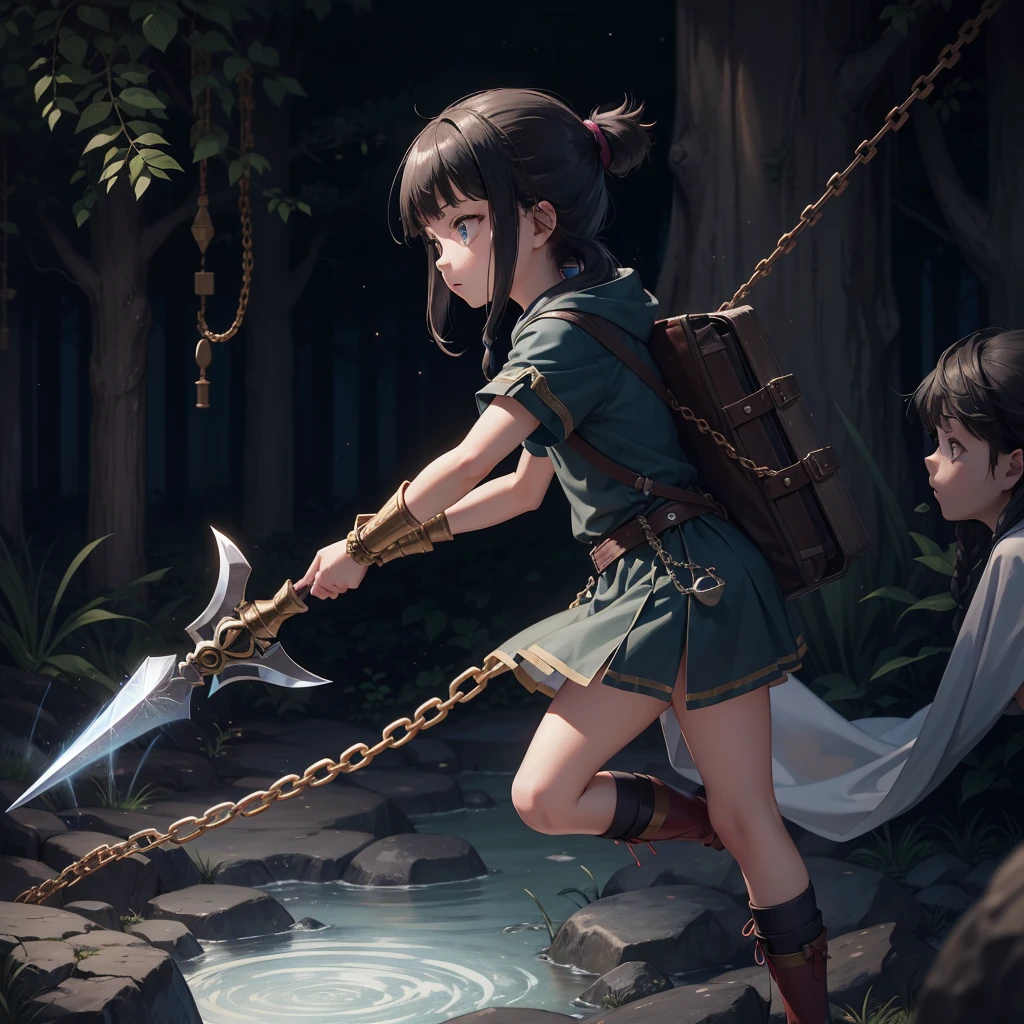 最high quality、high quality、Simple Cloth Armor、１０Year-old girl adventurer、Equipped with a weapon that has a short chain at the end of a stick and a spiked iron ball at the end of the chain、In a dark maze