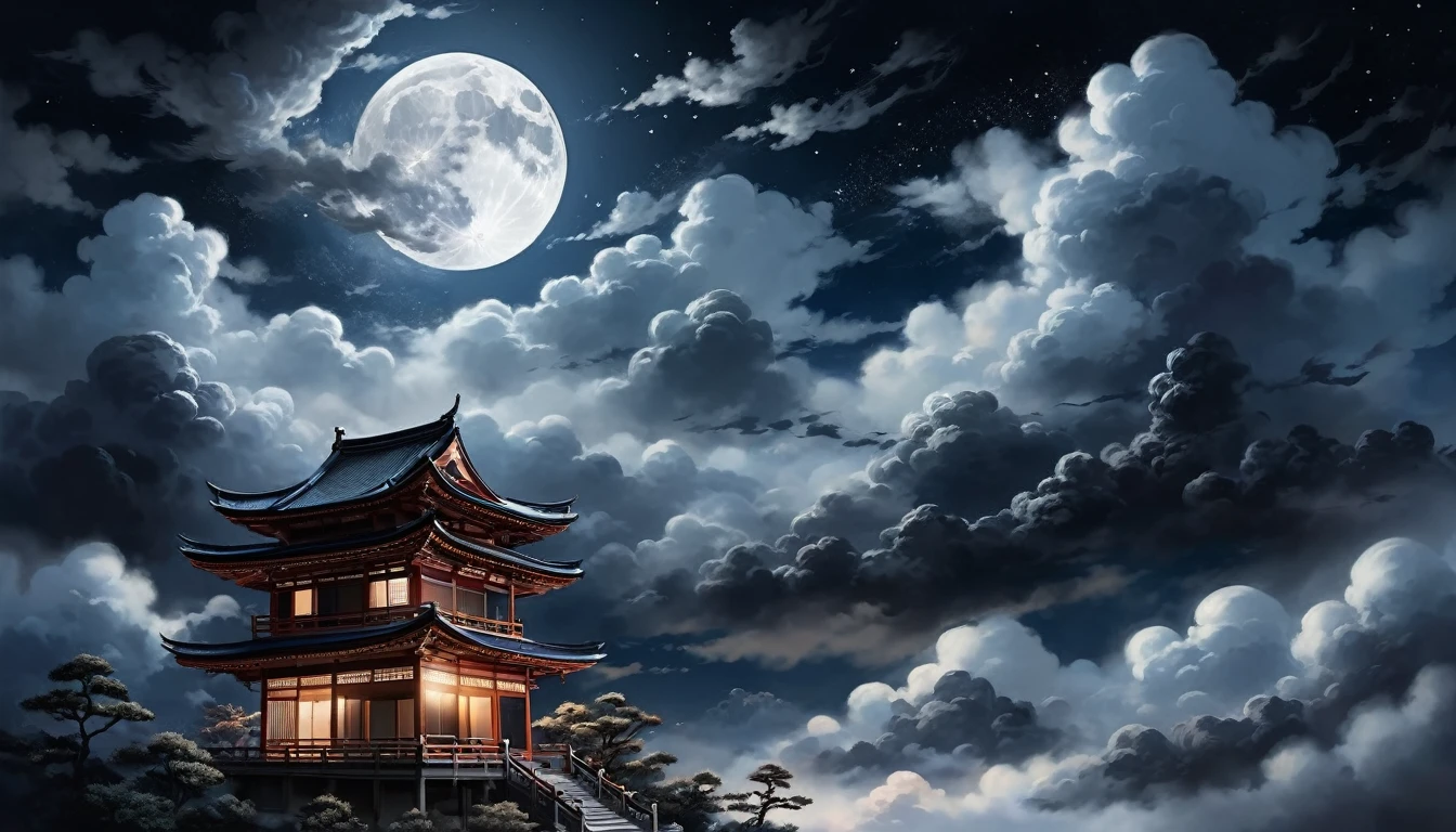 Featured Painting-Style Artworks, Highest quality, Super Fine, 16K, Incredibly absurd, Very detailed, delicate, , Moonlit Night, Create an illustration with a serene night sky featuring a bright full moon and black clouds. The clouds should have a traditional Japanese or Chinese style, with intricate patterns and curves. The scene should capture the moment when the clouds are parting, revealing more of the moon and stars, symbolizing the clouds clearing away. The overall atmosphere should be calm and mystical, with the clouds appearing to slowly dissipate. No one exists.