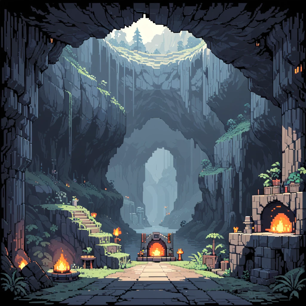 The prompt for generating a Pixel Art could be: "Pixel Art,(best quality, high resolution, detailed),(vintage, Nostalgia) color,8-bit style,Sharp lines and edges,Small Canvas,Blocky pixels,Limited color palette,Low-fidelity graphics,dark color,Iconic pixel characters, Inside the cave, hazy, Undead"