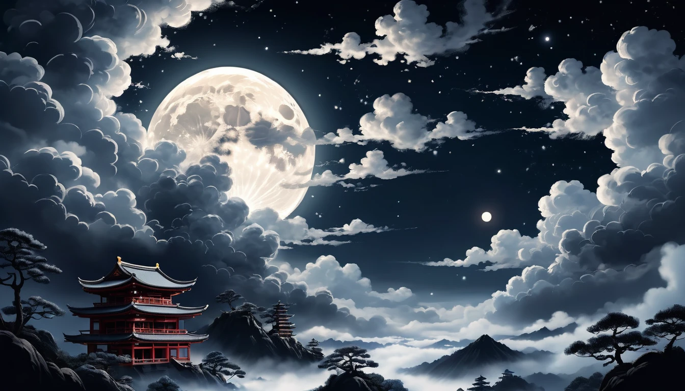 Manga style, Highest quality, Super Fine, 16K, Incredibly absurd, Very detailed, delicate, , Moonlit Night, Create an illustration with a serene night sky featuring a bright full moon and black clouds. The clouds should have a traditional Japanese or Chinese style, with intricate patterns and curves. The scene should capture the moment when the clouds are parting, revealing more of the moon and stars, symbolizing the clouds clearing away. The overall atmosphere should be calm and mystical, with the clouds appearing to slowly dissipate. No one exists.