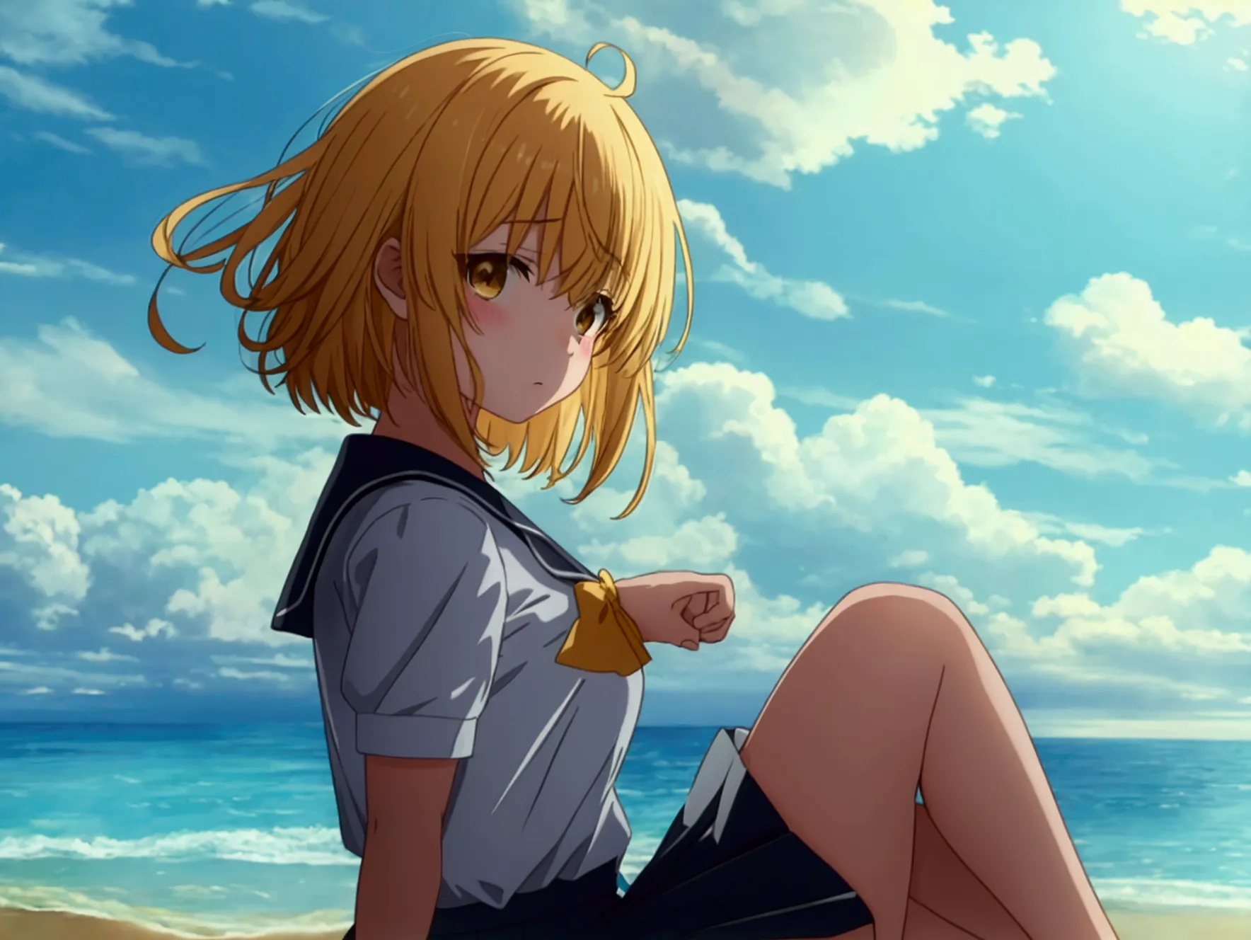 highest quality　masterpiece　high resolution　girl　(産egg)　uniform　skirt　bow-legged　egg　troubled expression　beach