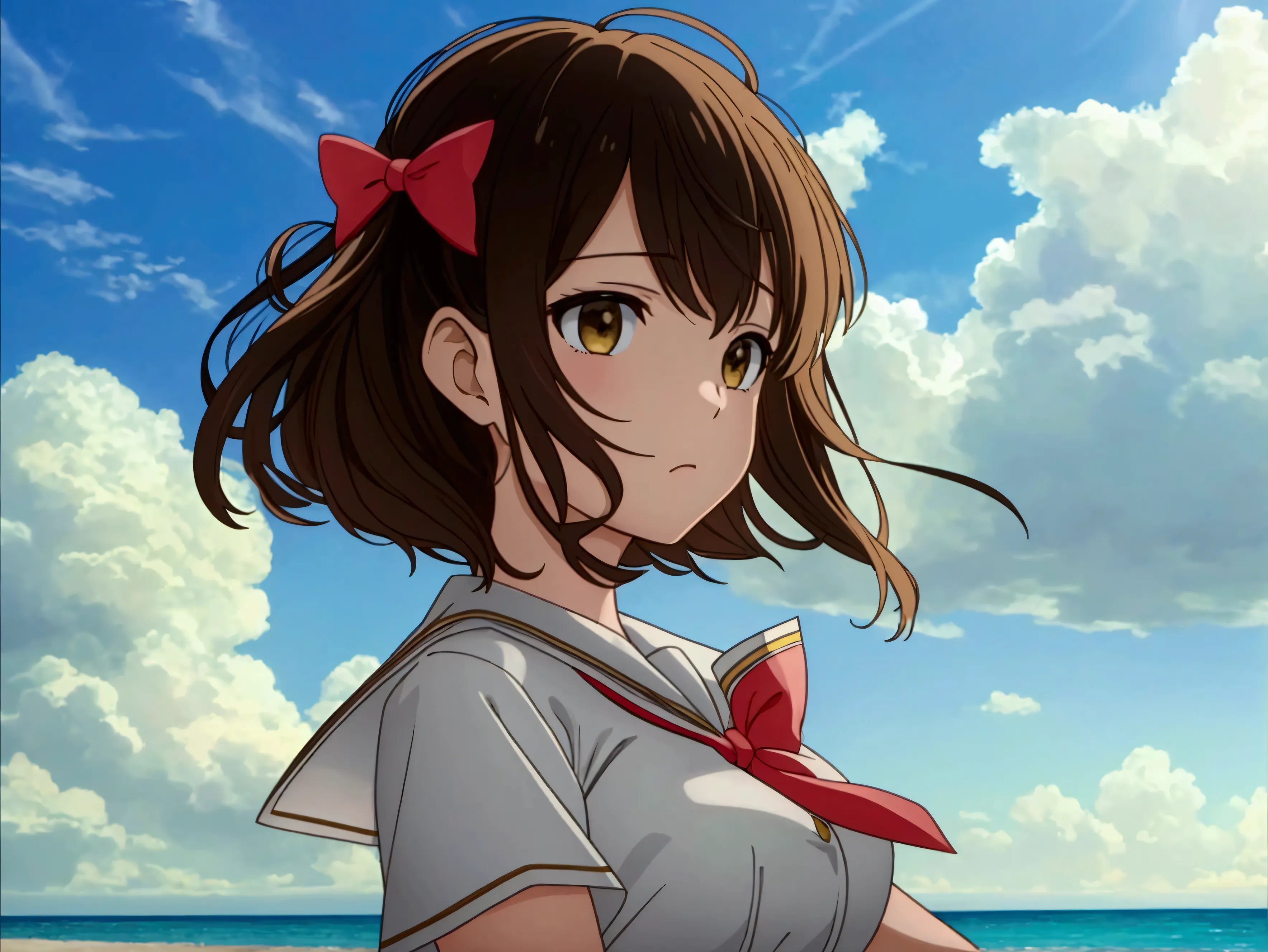 highest quality　masterpiece　high resolution　girl　(産egg)　uniform　skirt　bow-legged　egg　troubled expression　beach