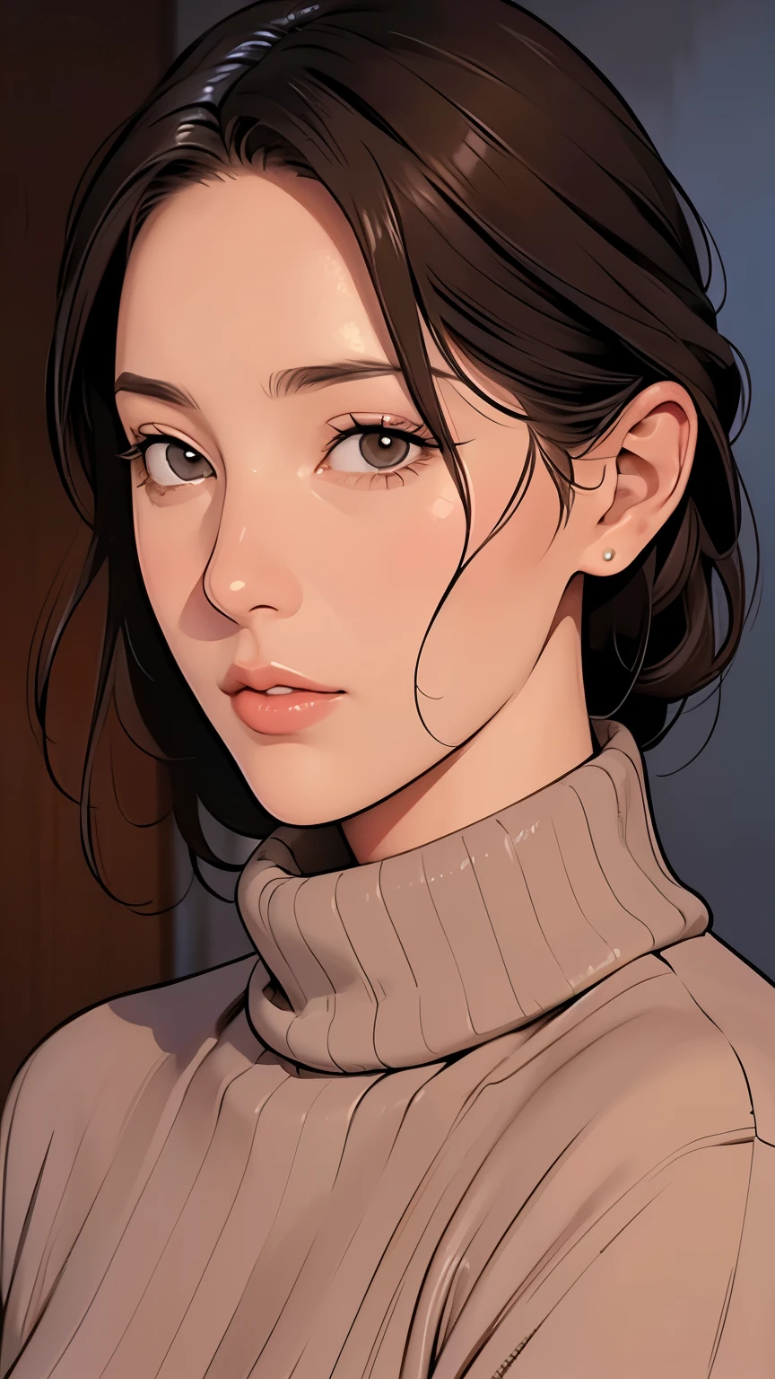 Beautiful mature woman, In a turtleneck sweater, Relax in the hot springs, Front view, Written by hand, Illustration Style, Detailed facial features, Very detailed, 8k, Realistic, Beautiful attention to detail, Beautiful lip detail, Very detailed顔, Intricate details, Warm color palette, Soft lighting, Digital Painting, masterpiece