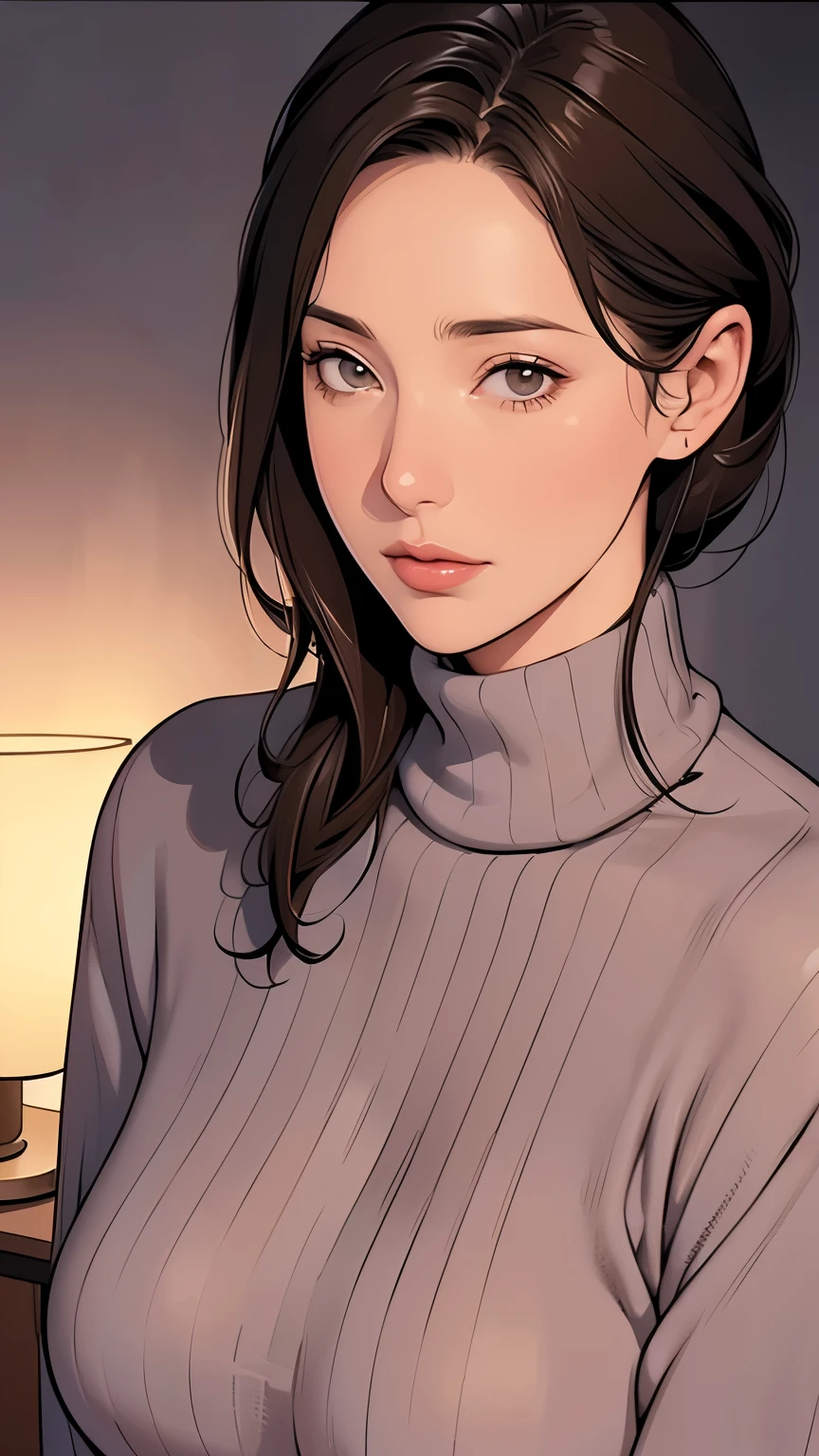 Beautiful mature woman, In a turtleneck sweater, Relax in the hot springs, Front view, Written by hand, Illustration Style, Detailed facial features, Very detailed, 8k, Realistic, Beautiful attention to detail, Beautiful lip detail, Very detailed顔, Intricate details, Warm color palette, Soft lighting, Digital Painting, masterpiece