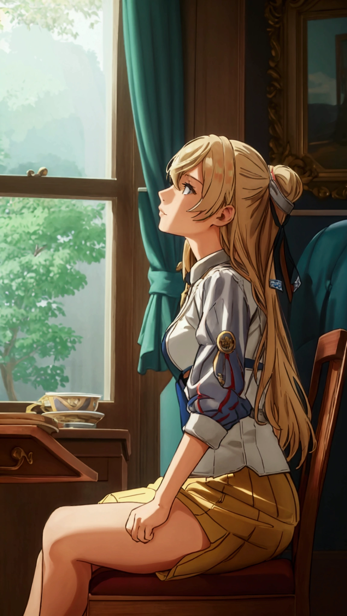 Highest quality　masterpiece　High resolution　Fleet Collection_Johnston　One Girl　Blonde　Private room　Sit on a chair　Look up here