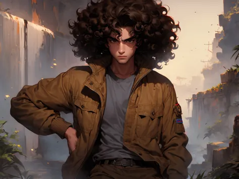 man with curly hair wearing a jacket and cargo pants