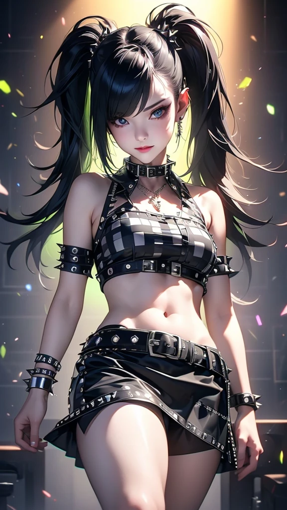 liquid ink sumi drawing, poison green color scheme, acid noir neon punk, 1girl, belt, spikes, skirt, solo, collar, shirt, long hair, studded belt, checkered, crop top, jewelry, twintails, belly, checkered skirt, necklace, studded collar, t-shirt, studded collar, looking at viewer, belt buckle, studded bracelet, spot color, pentagram, smile, buckle, (best quality,4k,8k,highres,masterpiece:1.2),ultra-detailed,(realistic,photorealistic,photo-realistic:1.37),VFX,UHD,HDR,3d unreal render