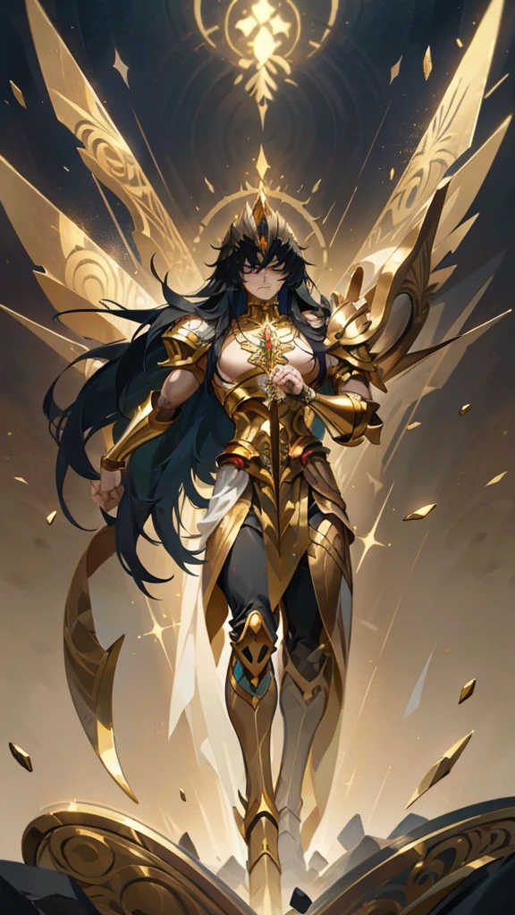 portret 4D anime saint seiya full body: about a young man with long black hair flowing in the wind, his body is muscular,  wearing shining gold armor with very intricate armor details, full set armor decorated with libra zodiac ornaments, fighting pose in the galaxy while lifting the scales with one hand there must be a power radiating from his body. The resulting image should be dynamic in dramatic lighting..