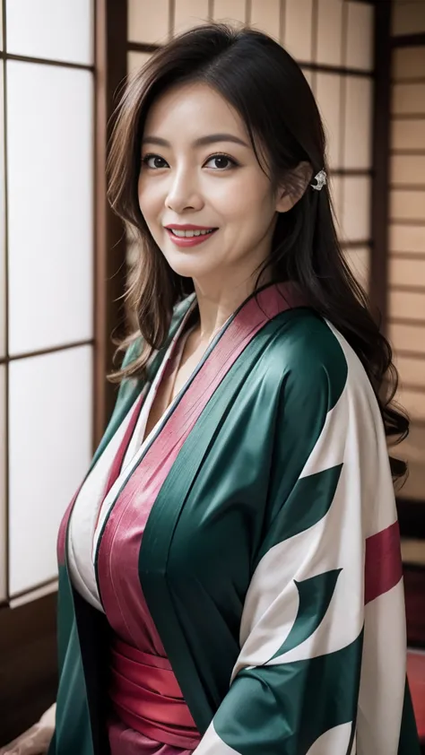 mature attractive sexy woman,50 years old, ((kimono)),((green))、(((kimono))),shut,((big breasts:1.1)),(facial wrinkles:1.3),ligh...