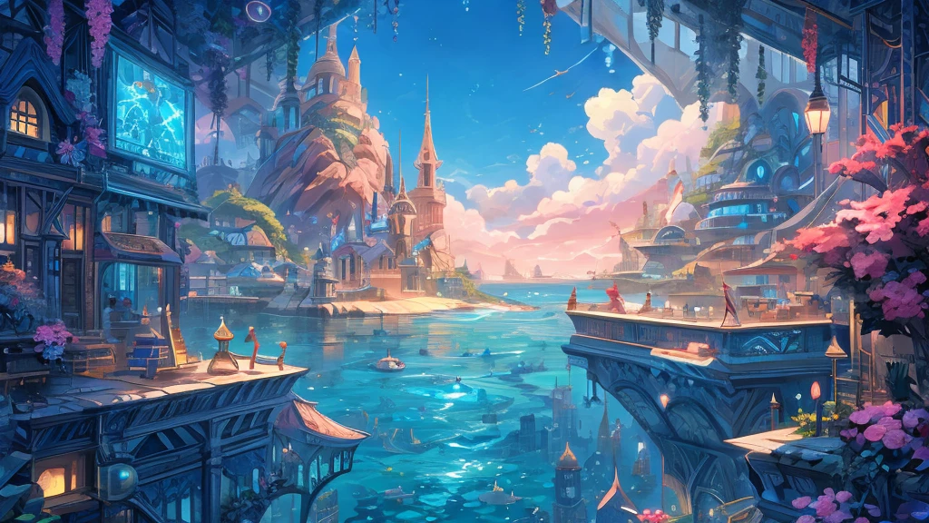 ((masterpiece)),((Highest quality)),((High Detail)),nobody,background,fantasy, A fantastic and quiet deep sea city, Looking up at the water surface from the ocean floor, The city is very big、Futuristic buildings line the streets, And the spire. Completely submerged in clear blue and pink water. The entire city is covered by a large dome-shaped glass structure.. Quiet and calm scene. A soft, shining light illuminates the city. The water surface above is shining in the sunlight., Create beautiful patterns. The city is quiet, Surrounded by vibrant marine life and coral reefs. The water is deep, Creates a mysterious and calm atmosphere. Capturing the enchanting beauty of underwater cities