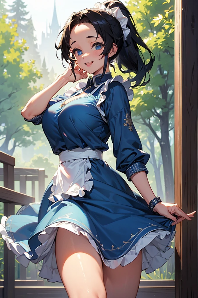 ((((High resolution, Intricate details, masterpiece, 8k, from front)))), (((beautiful, Blue dress, White apron))), ((One Woman, smile, laughing, Red cheeks, dancing, Big Breasts, Large Breasts, Huge Saggy Tits)), (Black Hair, Beautiful forehead, Long Hair, ponytail, Glowing Skin), from front, looking at viewer, look at viewer, in the forest, bright, 