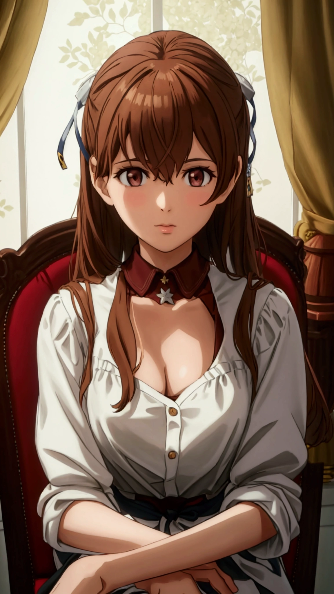 Highest quality　masterpiece　High resolution　Fleet Collection_Johnston　One Girl　Chestnut Hair　Casual attire　delicate　Sit on a chair　Look up here