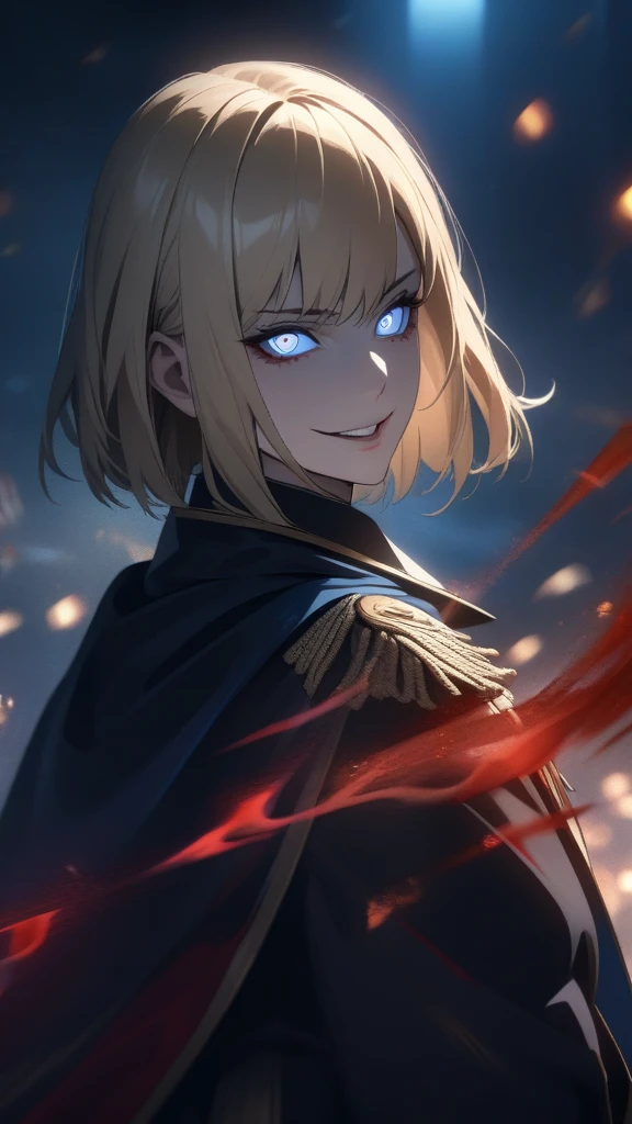 a highly detailed portrait of a tall, muscular blonde female with short straight hair and blue eyes, wearing a black military uniform with a cape and segmented skirt, standing on a battlefield at night with a menacing aura, extremely detailed eyes and face, longeyelashes, evil smile, nail, blood, magic, antique uniform, scary aura, HDR, UHD, studio lighting, ultra-fine painting, sharp focus, physically-based rendering, extreme detail description, professional, vivid colors, bokeh, portraits, dark fantasy