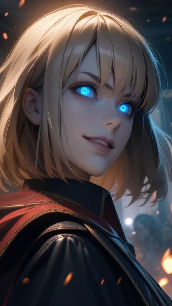 a highly detailed portrait of a tall, muscular blonde female with short straight hair and blue eyes, wearing a black military uniform with a cape and segmented skirt, standing on a battlefield at night with a menacing aura, extremely detailed eyes and face, longeyelashes, evil smile, nail, blood, magic, antique uniform, scary aura, HDR, UHD, studio lighting, ultra-fine painting, sharp focus, physically-based rendering, extreme detail description, professional, vivid colors, bokeh, portraits, dark fantasy