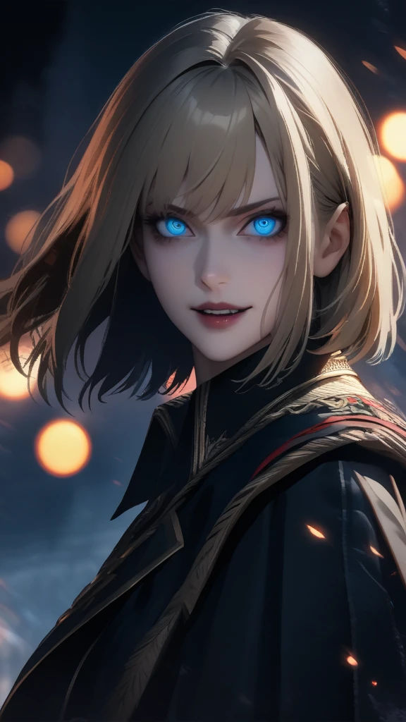 a highly detailed portrait of a tall, muscular blonde female with short straight hair and blue eyes, wearing a black military uniform with a cape and segmented skirt, standing on a battlefield at night with a menacing aura, extremely detailed eyes and face, longeyelashes, evil smile, nail, blood, magic, antique uniform, scary aura, HDR, UHD, studio lighting, ultra-fine painting, sharp focus, physically-based rendering, extreme detail description, professional, vivid colors, bokeh, portraits, dark fantasy