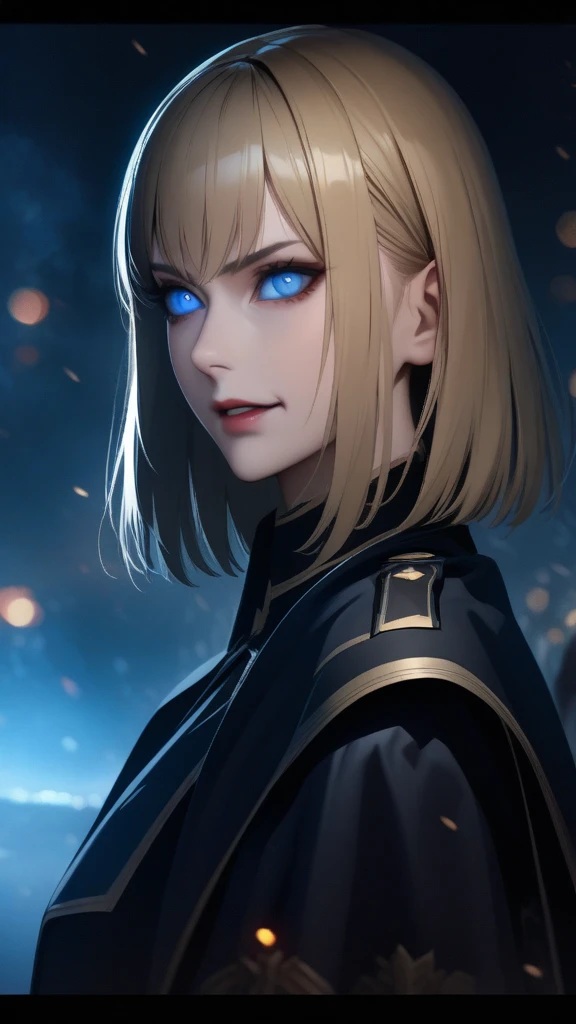 a highly detailed portrait of a tall, muscular blonde female with short straight hair and blue eyes, wearing a black military uniform with a cape and segmented skirt, standing on a battlefield at night with a menacing aura, extremely detailed eyes and face, longeyelashes, evil smile, nail, blood, magic, antique uniform, scary aura, HDR, UHD, studio lighting, ultra-fine painting, sharp focus, physically-based rendering, extreme detail description, professional, vivid colors, bokeh, portraits, dark fantasy