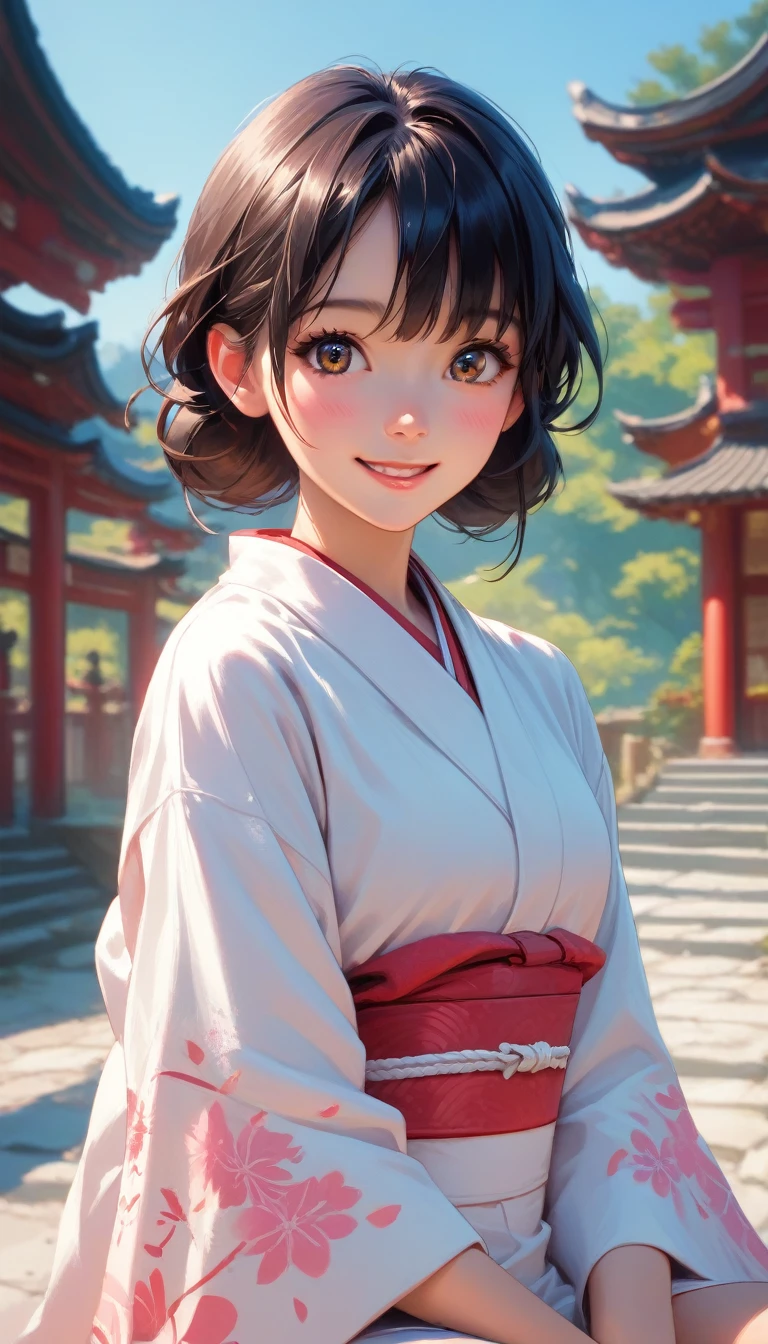 score_9, score_8_up, score_7_up,source_anime, high res image,masterpiece,best quality,girl,cute face,clear skin, Hoshino, upper body, sitting, Japanese temple,(looking at viwer), smile, kimono, Japanese clothes, 