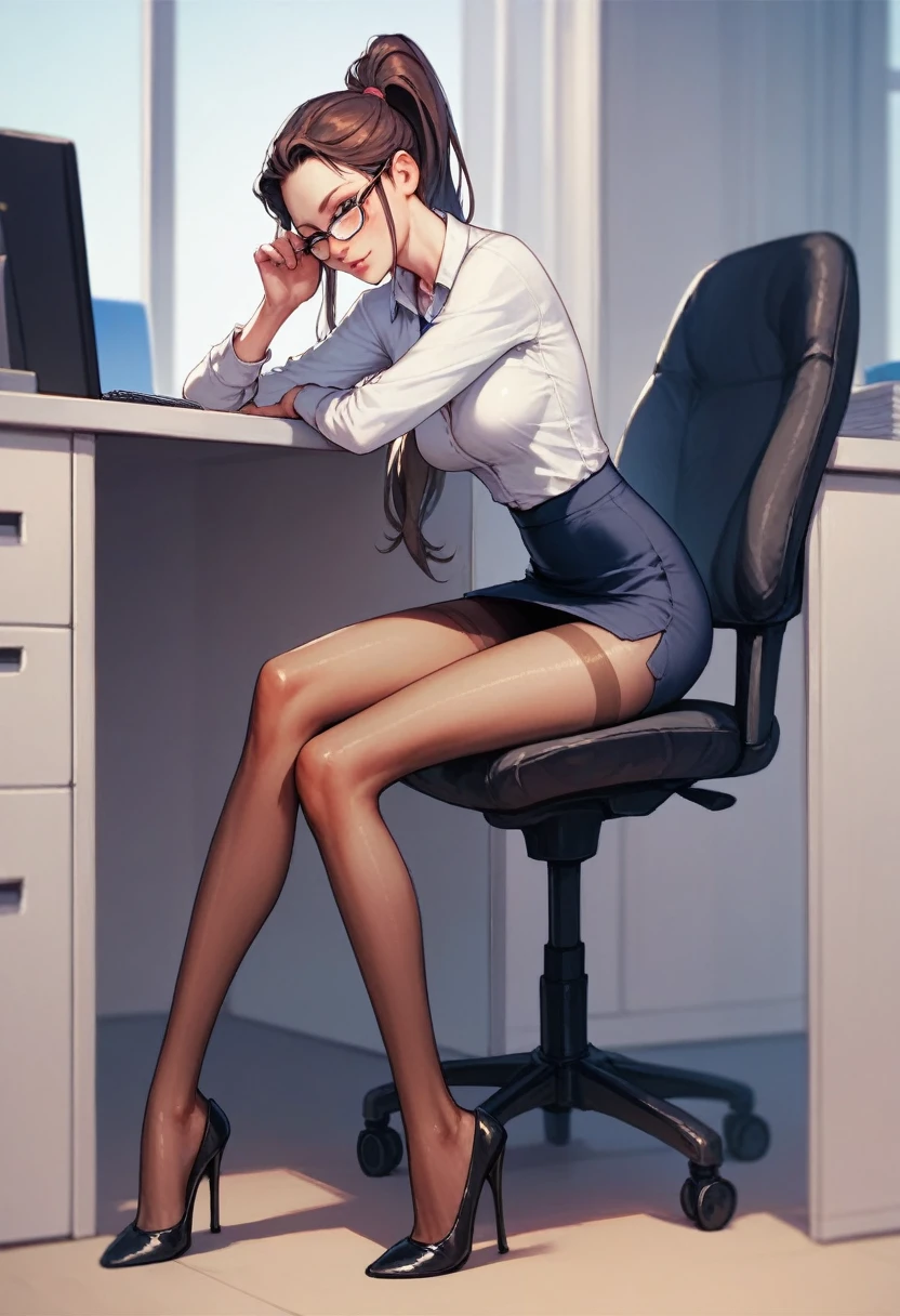 skinny in heels in office outfit in tights. ponytail, wearing glasses. in the office