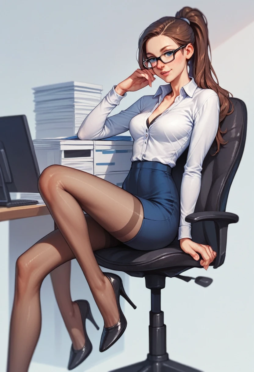 skinny in heels in office outfit in tights. ponytail, wearing glasses. in the office