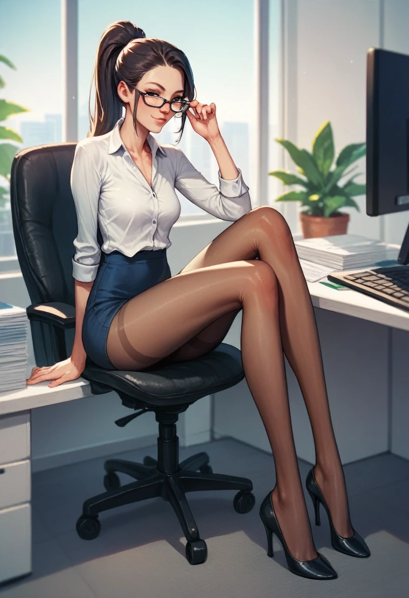 skinny in heels in office outfit in tights. ponytail, wearing glasses. in the office