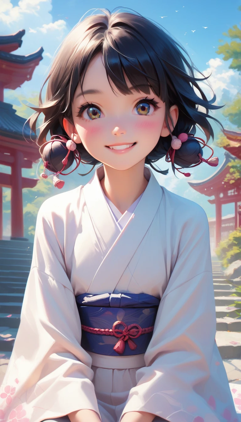 score_9, score_8_up, score_7_up,source_anime, high res image,masterpiece,best quality,girl,cute face,clear skin, Hoshino, upper body, sitting, Japanese temple,(looking at viwer), smile, kimono, Japanese clothes, 