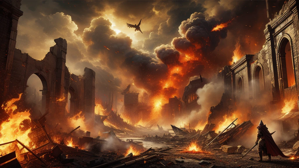 A fierce battlefield engulfed in swirling flames, with crumbling walls and debris scattered across the scene. The sky is dark with smoke, and the ground is scorched from intense battles. Intense fire and embers fill the air, creating a dramatic and chaotic atmosphere. The overall mood is apocalyptic and intense, capturing the essence of a final, epic battle in a fantasy RPG.