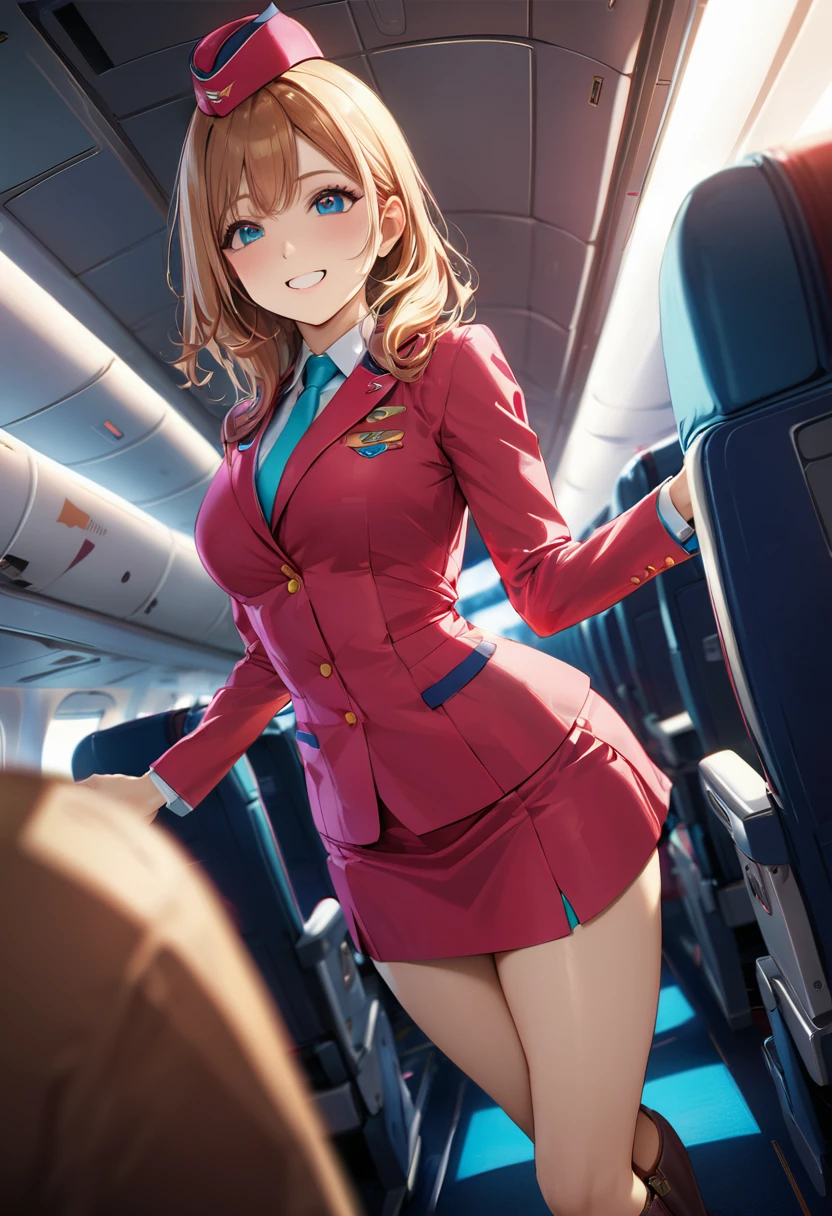 masterpiece,Highest quality,Super detailed,8k,Ultra-fine illustrations,Very exquisite beautiful face and eyes,Perfect Anatomy,Professional Lighting,1 flight attendant,Miniskirt and boots uniform,Orange and pink dress,smile,Airplane interior,Dynamic Angle,Depth of written boundary,Chromatic_aberration,masterpiece,Highest quality,so beautiful,Absurd,up to date,