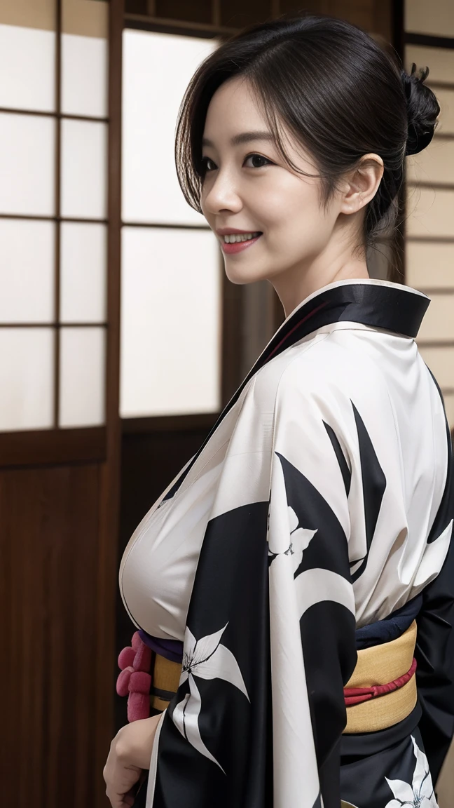 Mature attractive sexy woman,50 years old, ((kimono)),((black))、(((kimono))),Shut,((Big Breasts:1.1)),(Facial wrinkles:1.3),light makeup,Light brown hair,Long Hair,(Full body photo:0.85),(Emphasize big buttocks),8k, RAW Photos, Highest quality, Laughter,masterpiece,Highest quality、A gentle smile、A gaze that seduces viewers、Random Hairstyles、Japanese-style room、Shoji Screen、((Back view))、((turn around))、((Pulling out the collar))、