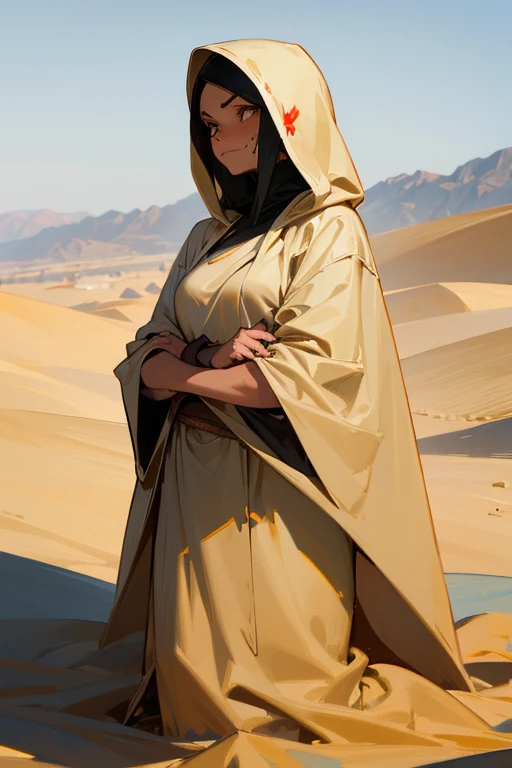 a mature female assassin wearing shrouded sand coloured robes in the desert, hooded, a fear look on her face, she was hurt. mature female, sharp eyes, beautiful, tan skin, persian woman, dark hair