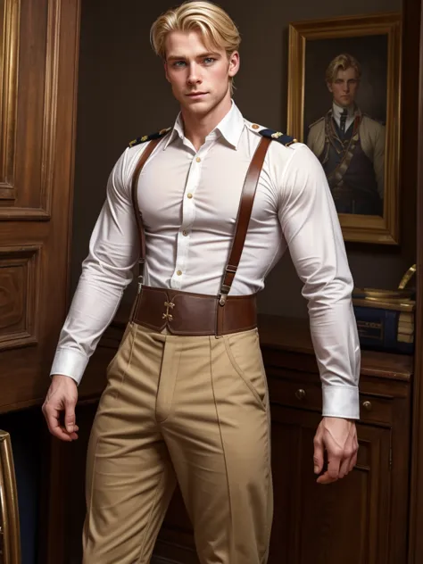 handsome muscular blond british officer of the 19th century in breeches, shirt, and removed suspenders