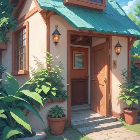 (((masterpiece))),(((best quality))),(((extremely detailed))), outside, house entrance, door behind