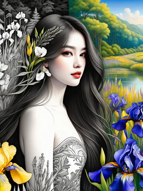 bird，wildflowers and irises in a forest setting，1 image of a long-haired beauty，artwork should be in pencil drawing style，transi...