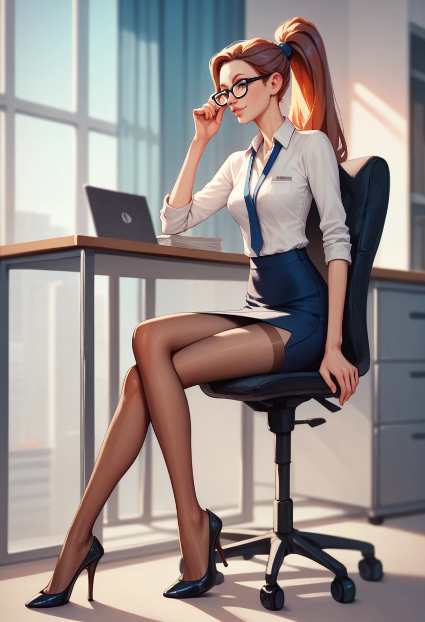 Skinny in heels, fabulously unrealistically long thin legs, in office attire in tights. ponytail, wearing glasses. in the office