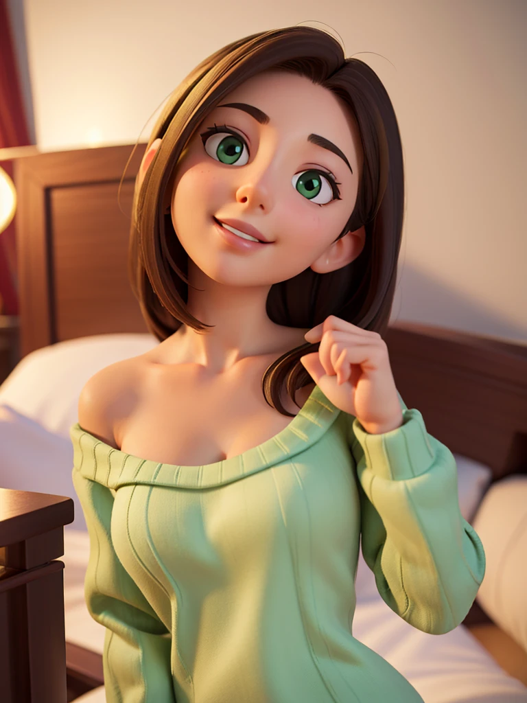 (Highest quality,8k,masterpiece),Beautiful woman,Small face,A gentle smile,Looking up,Large Breasts,Big Breasts,Green Sweater,The chest was wide open,Hotel Rooms,Lying on one&#39;s back on the bed,Looking at this,sexy,