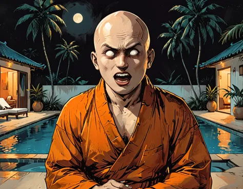 ((open mouth)),(night),portrait blind buddhist monk sitting with open mouth next to the pool at the white hotel, tropical, palm,...