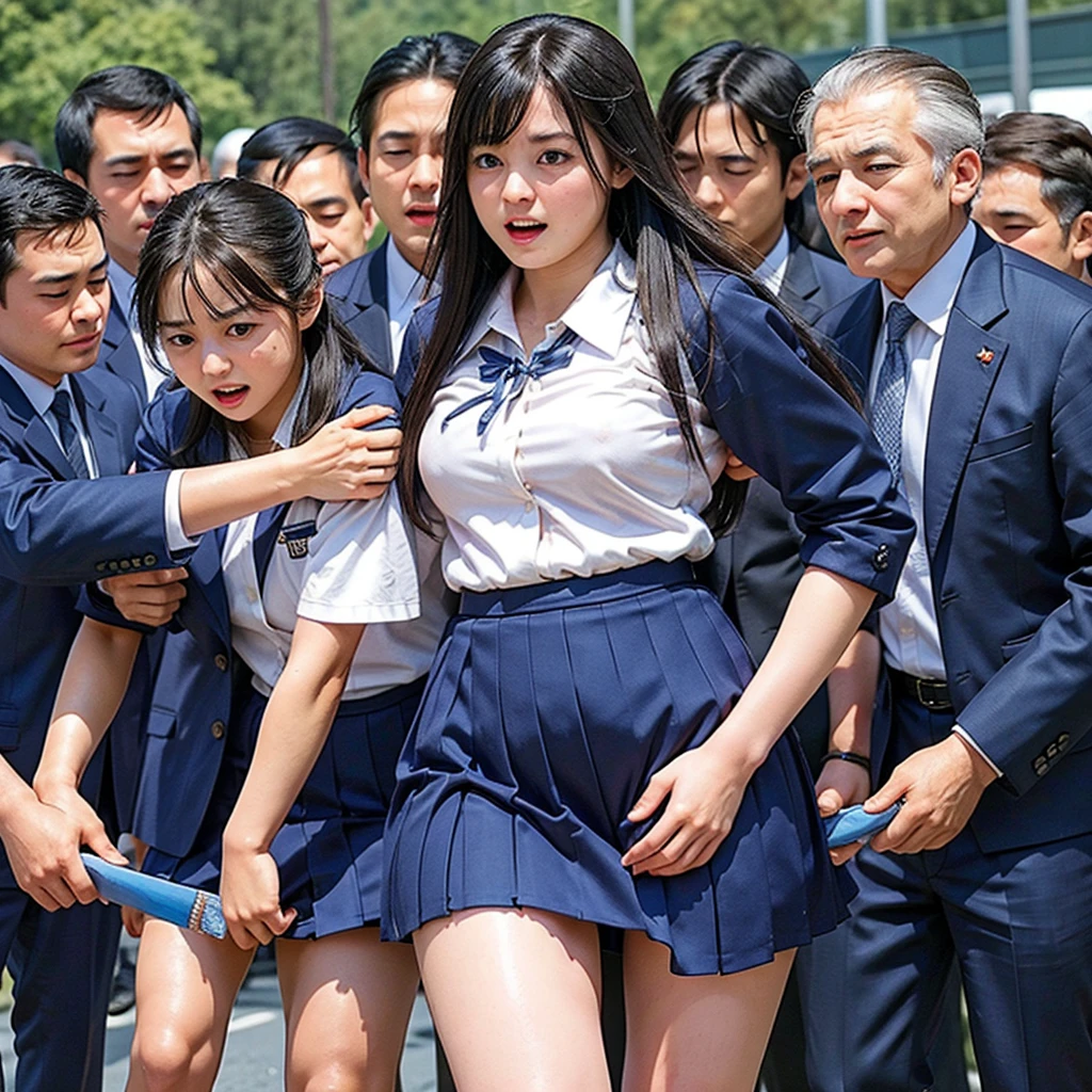 A beautiful innocent girl surrounded by excited high school boys, Beautiful woman like an idol, She screams with her mouth open in shame after being molested in public and watched from close range, A high school boy strips her of her school uniform and skirt, A high school boy grabs my breasts from behind, A high school boy touches my crotch, Anatomically correct, Being molested by a group of men, Fleeing, Staring at the audience, Beautiful black hair, Being sniffed at close range by a group of men, blush, Increased sensitivity, Beautiful Eyes, Ultra high definition, Slender body, Japanese, Inner thighs