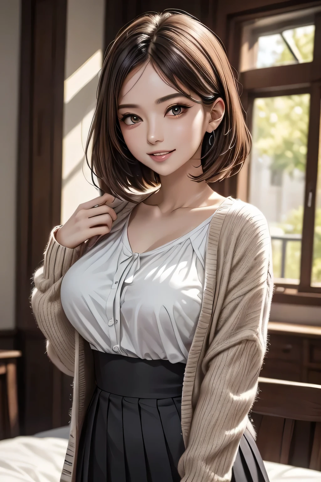 1 female, (Beautiful face with detailed shading), whole body, 40s, (Big Breasts), Brown eyes, (Pink Cardigan), Open cardigan, White camisole blouse, (Yellow pleated skirt), White Knee High, On the bed, (Tabletop)), ((Highest quality)), (Very detailedな), ((Charm)), ((Very detailed)), 4K, (8k), Highest quality, (beautiful), (((World Class Quality))), Very detailed, High resolution