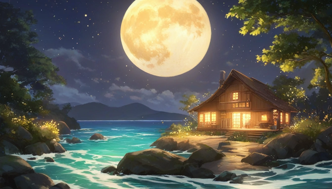 tranquil, moonlit sea with gentle, sparkling waves. The night sky is filled with twinkling stars and a large, radiant full moon casting a soft glow over the water. In the distance, silhouette a distant, lush island with lush trees and a small, cozy cottage with warm light spilling from its windows. Add delicate, glowing fireflies and subtle wisps of mist rising from the water. The overall mood should be calm, magical, and enchanting, evoking a sense of peaceful nighttime beauty.”